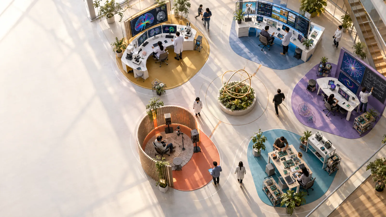 A multi-discipline working studio seen from near overhead.