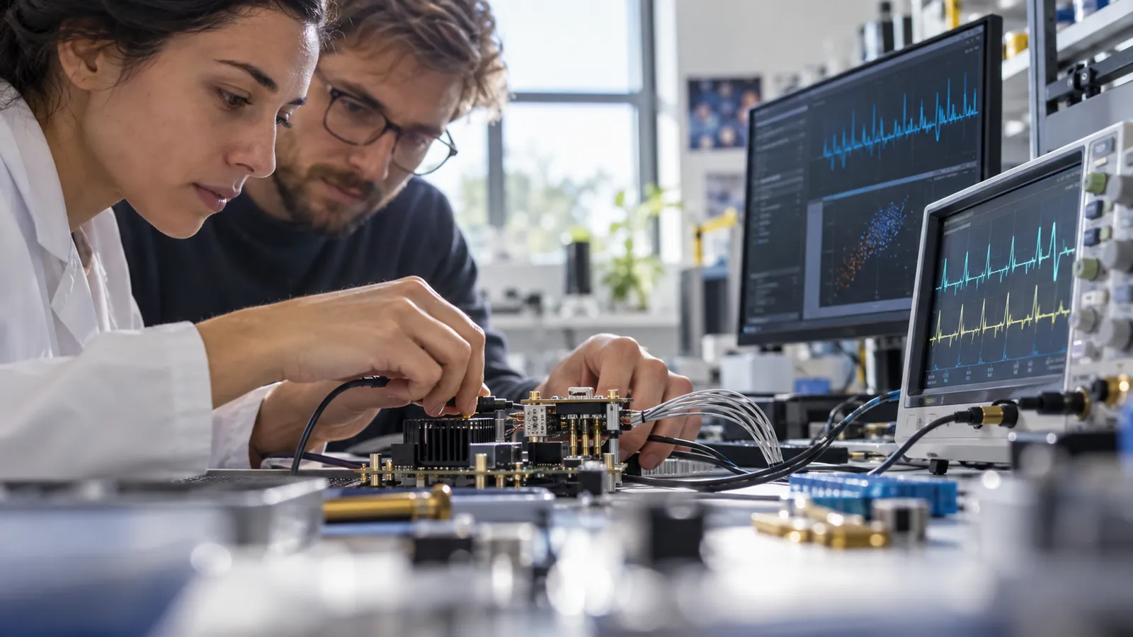 Hands, a prototype board and test instruments at a precision bench.
