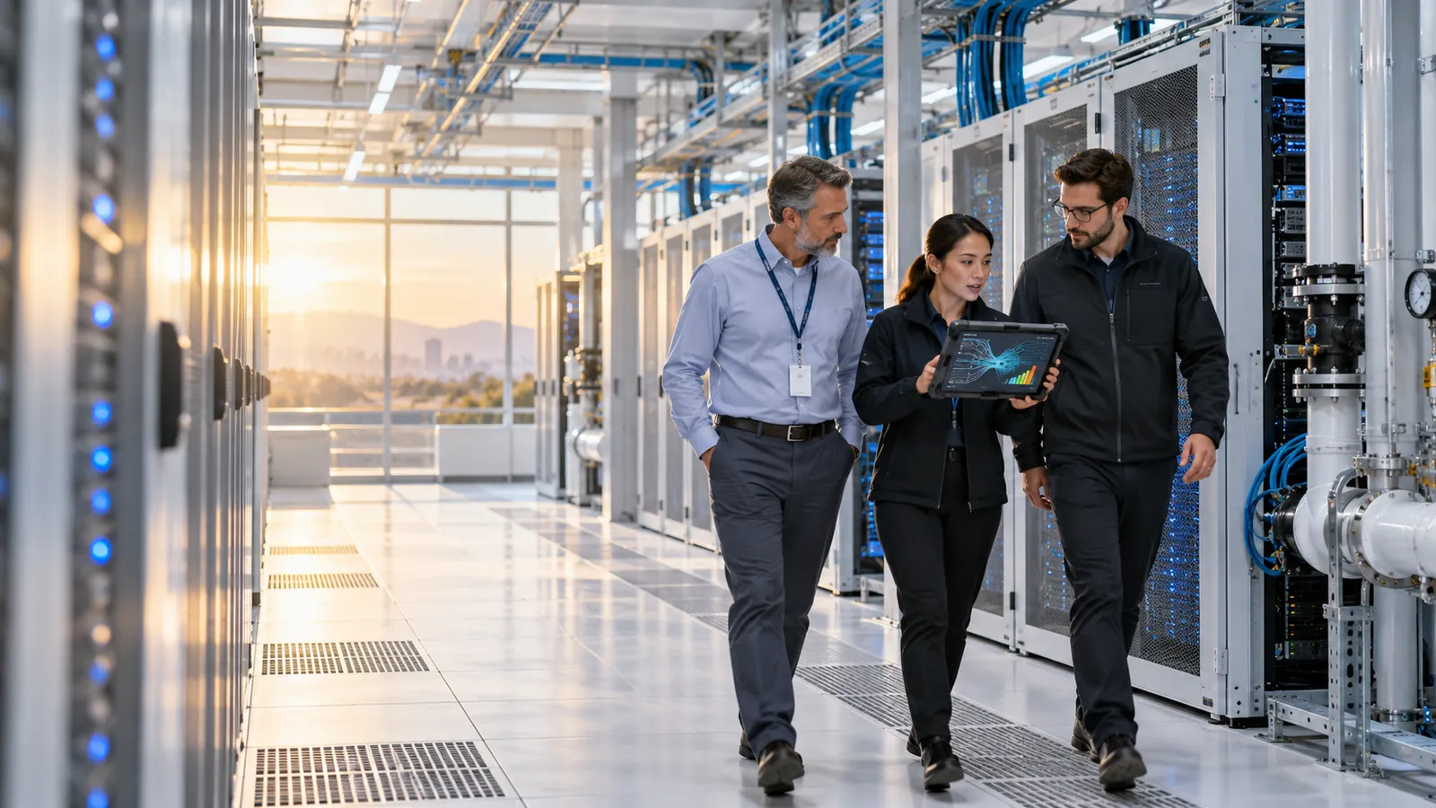 A technical review along a data-centre operations aisle.