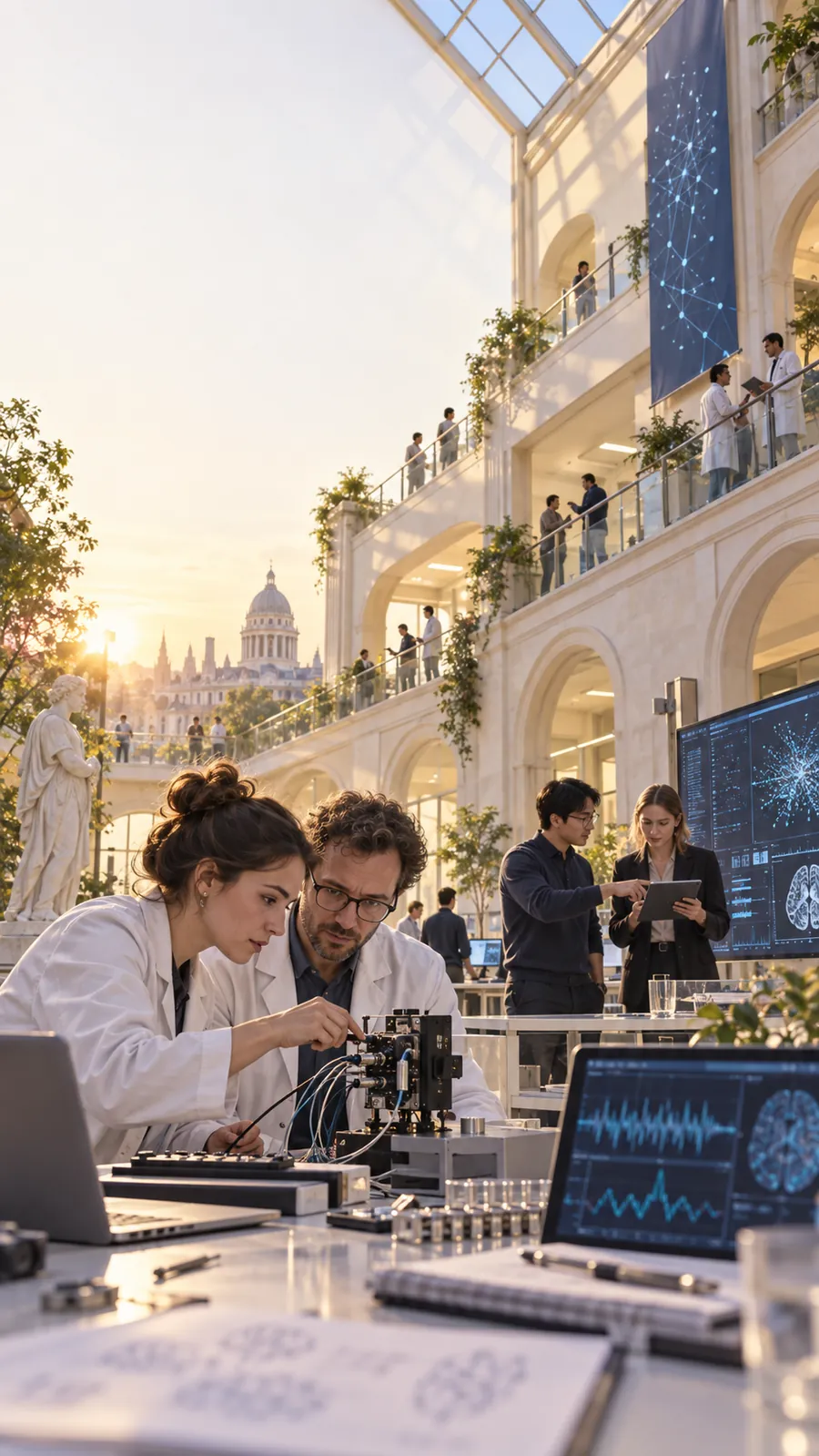 Scientists and engineers converging across a research environment.